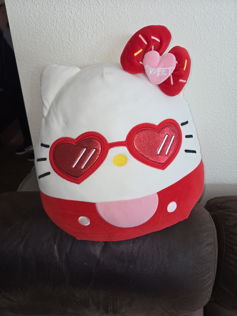 Hello Kitty Red White Plush Pillow with Heart Sunglasses and Bow Accent